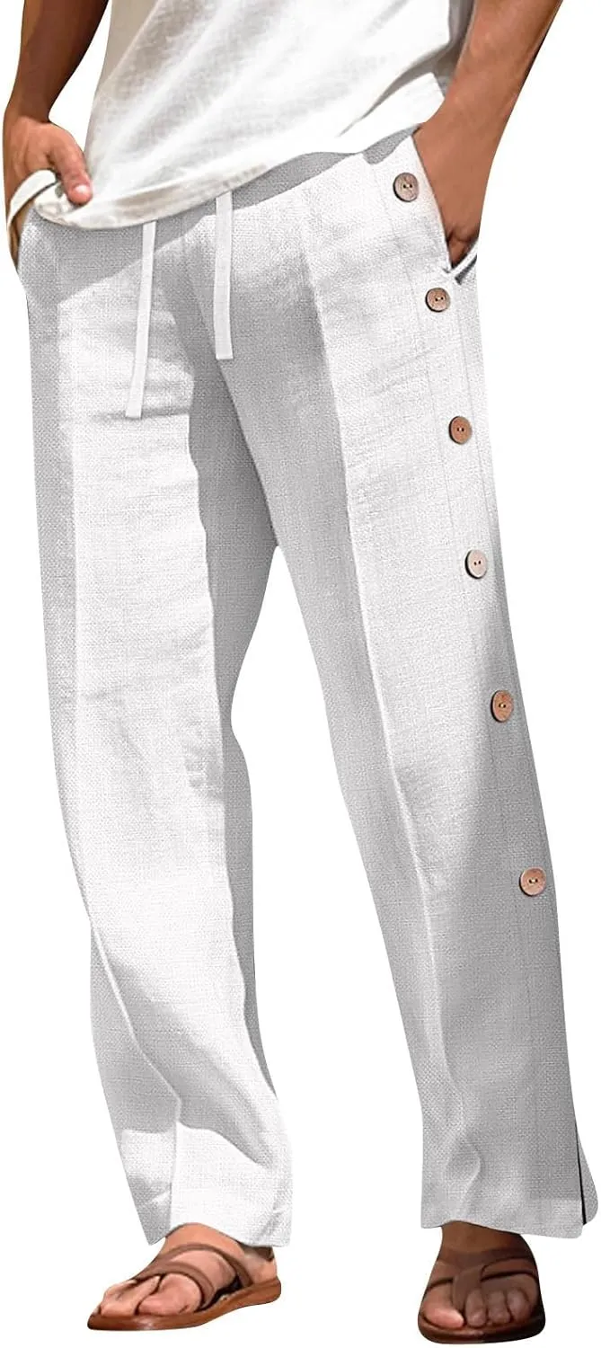 2025 Men's Casual Loose and Comfortable Casual Pants Cotton Linen Buttons Pants