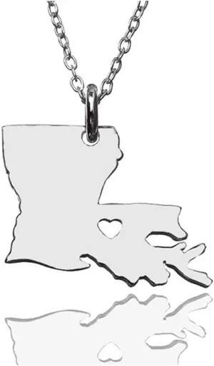 Art Attack Stainless Steel I Love Louisiana Necklace, Born On The Bayou, Pelican Heart State Map Country Pendant (Silver)
