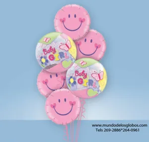 Bouquet de Burbujas Baby Girl con Caritas Felices Rosadas