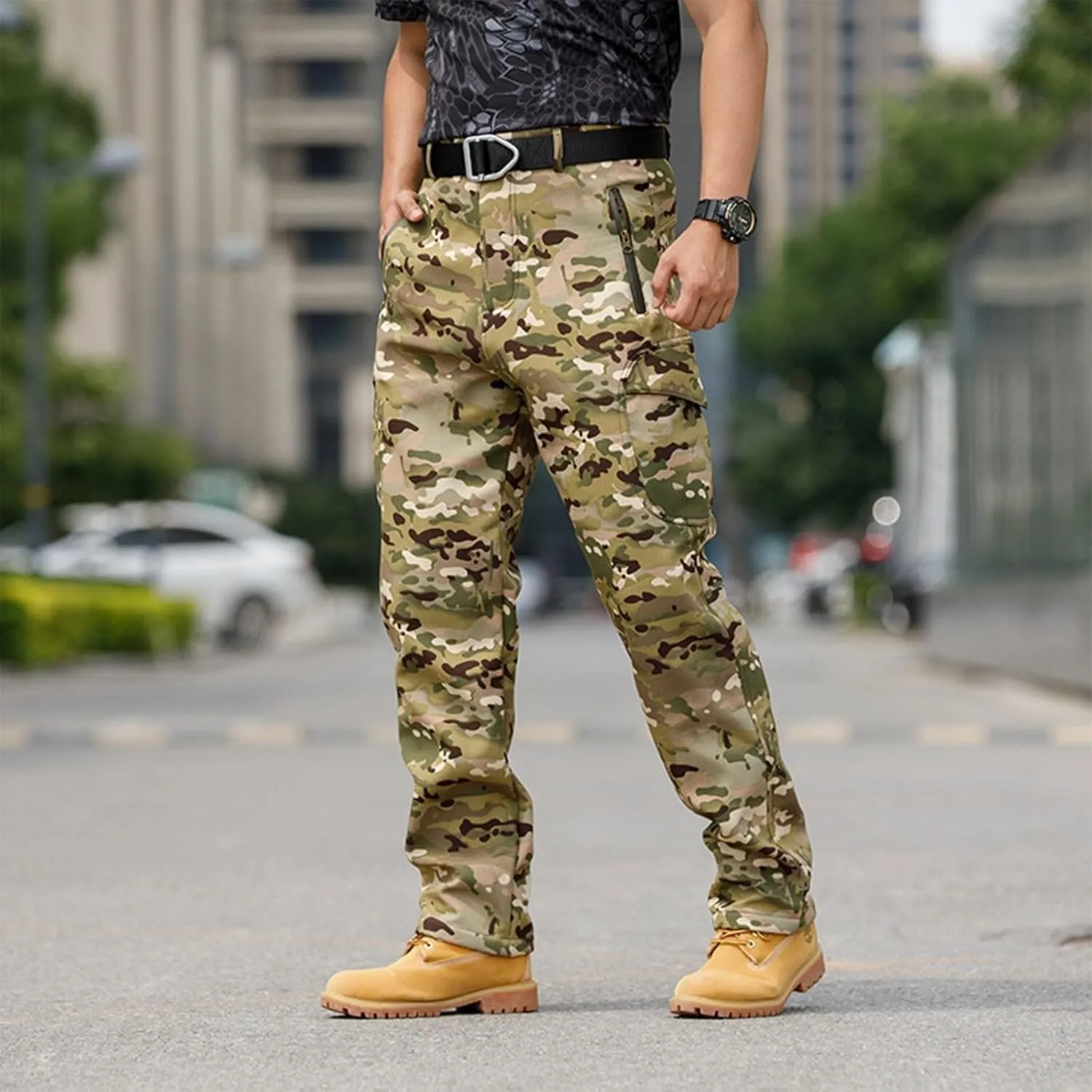 Cargo Pants for Men - Waterproof Winter Warm Fleece Lined Tactical Pants with Zipper Pockets