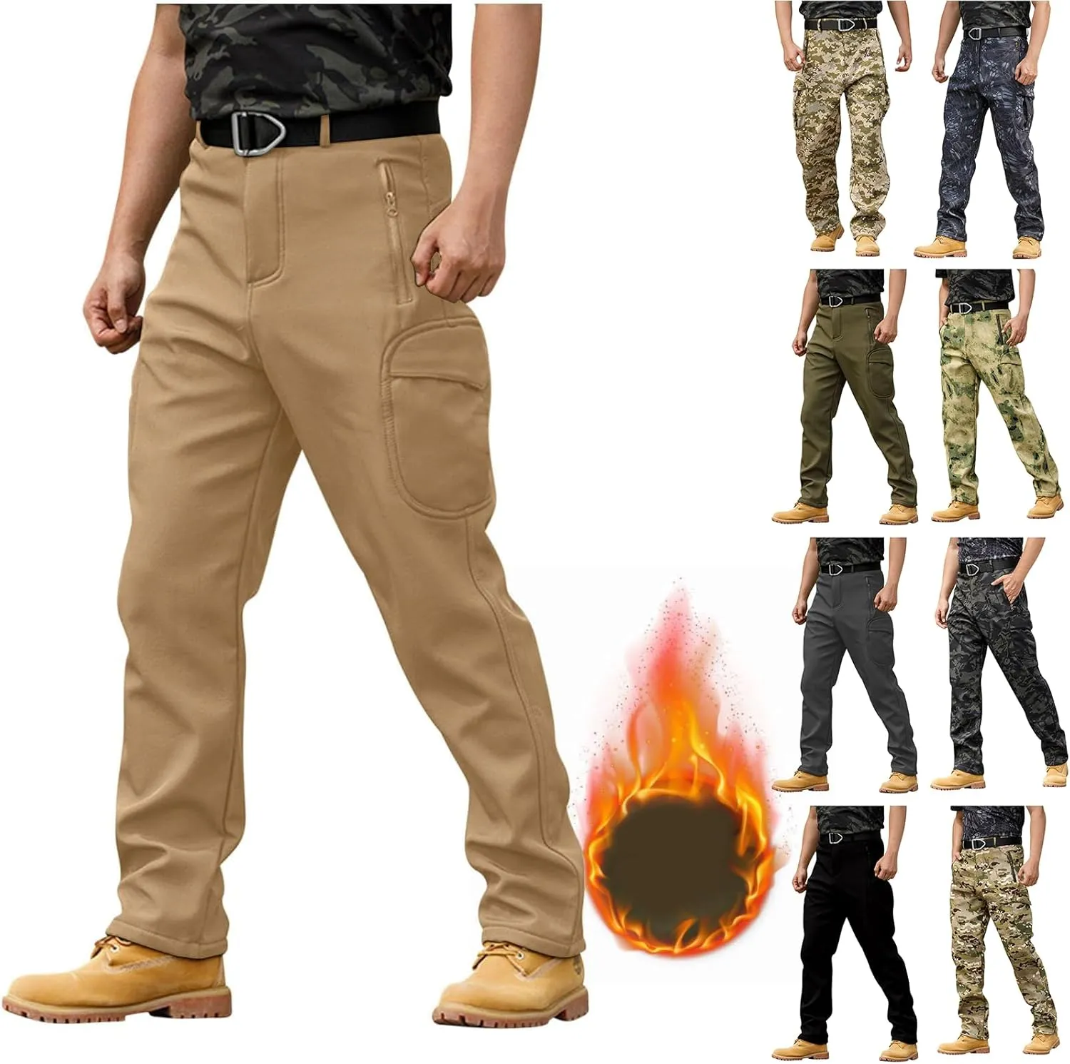 Cargo Pants for Men - Waterproof Winter Warm Fleece Lined Tactical Pants with Zipper Pockets