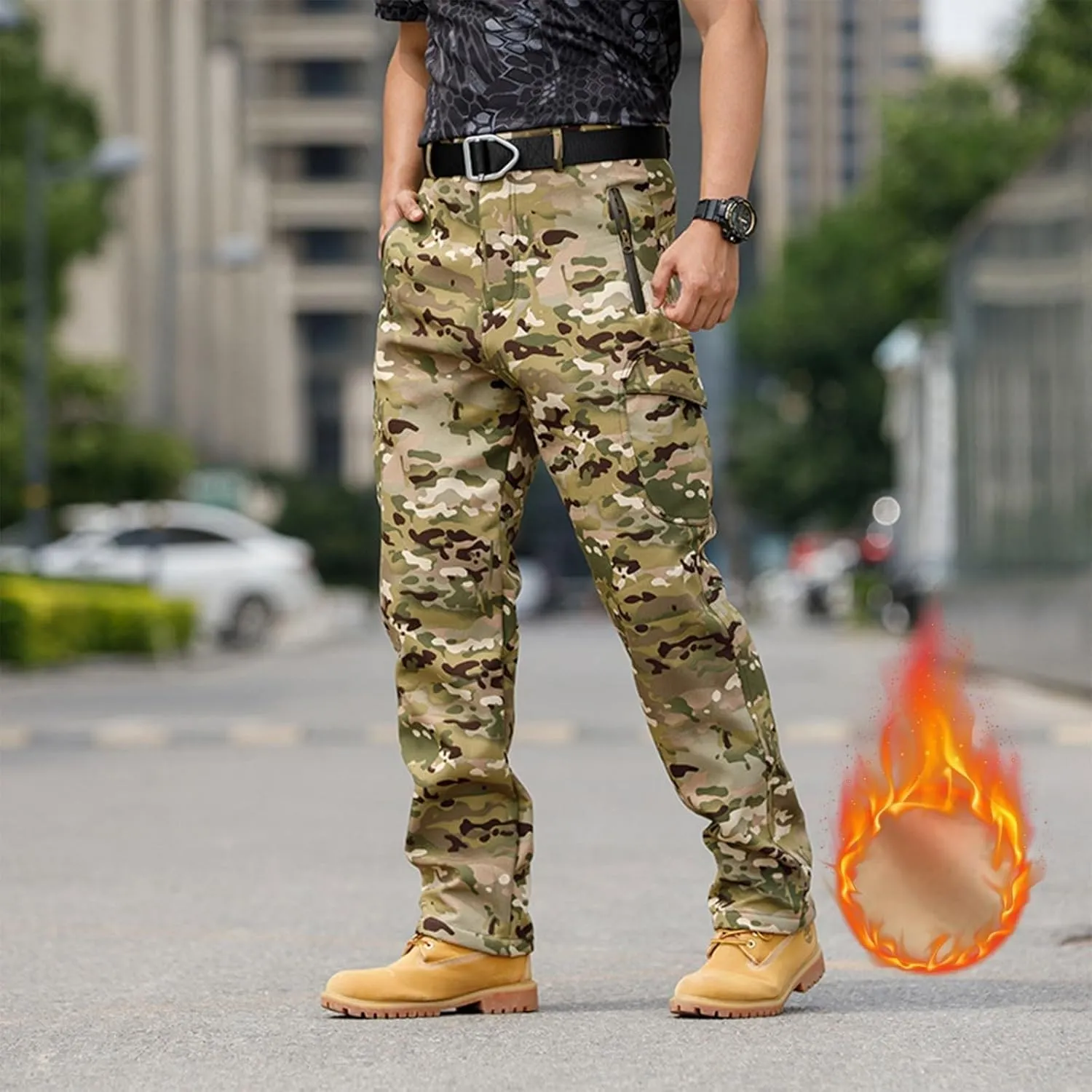 Cargo Pants for Men - Waterproof Winter Warm Fleece Lined Tactical Pants with Zipper Pockets