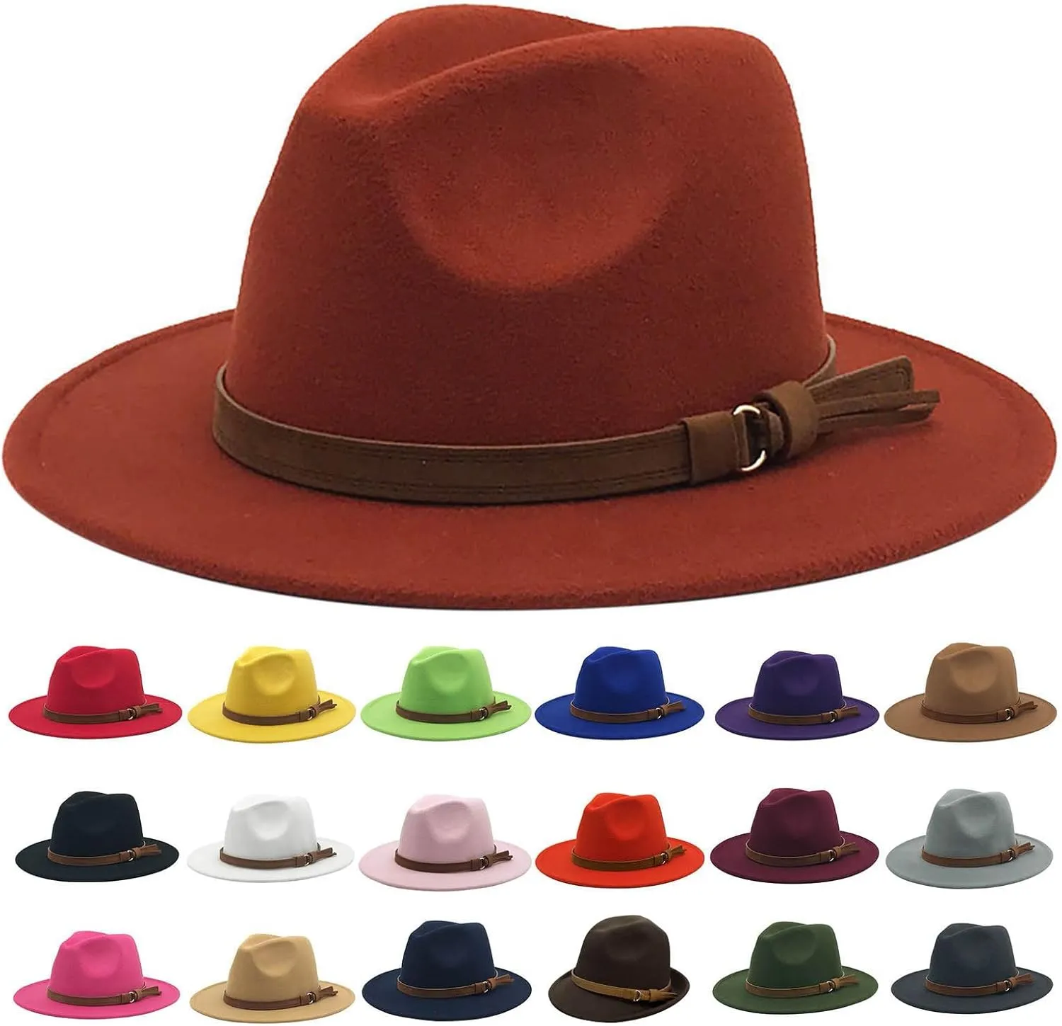 Classic Fedora Hats for Women Lady Wide Brim Panama Hat with Belt Buckle Cowboy Hats for Men