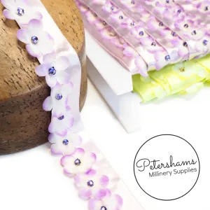 Diamante Centre Fabric Flowers on Satin Ribbon Trim - 1m