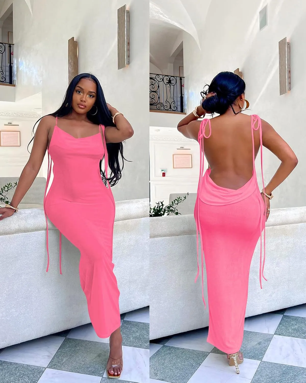 Doweha Women Backless Cowl Neck Cocktail Going Out Dress Halter Slip Long Semi Formal Party 2025 Spring Summer Maxi Dress