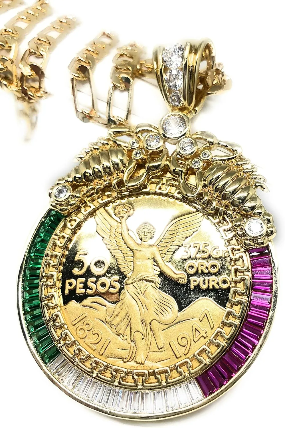Fran & Co. Gold Plated Coin Centenario Mexicano Moneda 50 Pesos Pendant Chain CZ Oro Cadena 26??