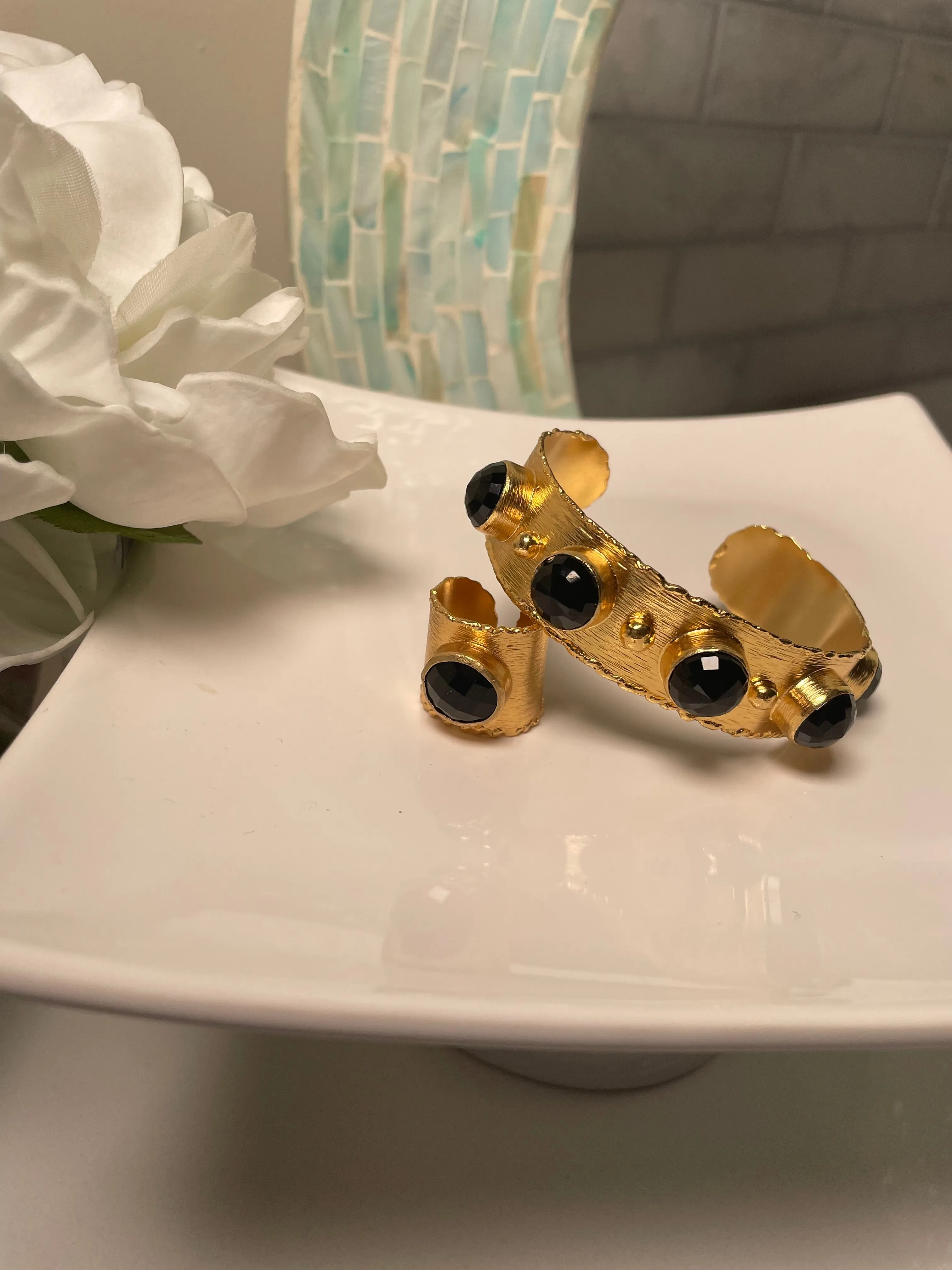 Lale Gold & Black Color Stone RING (Cuff Also available)