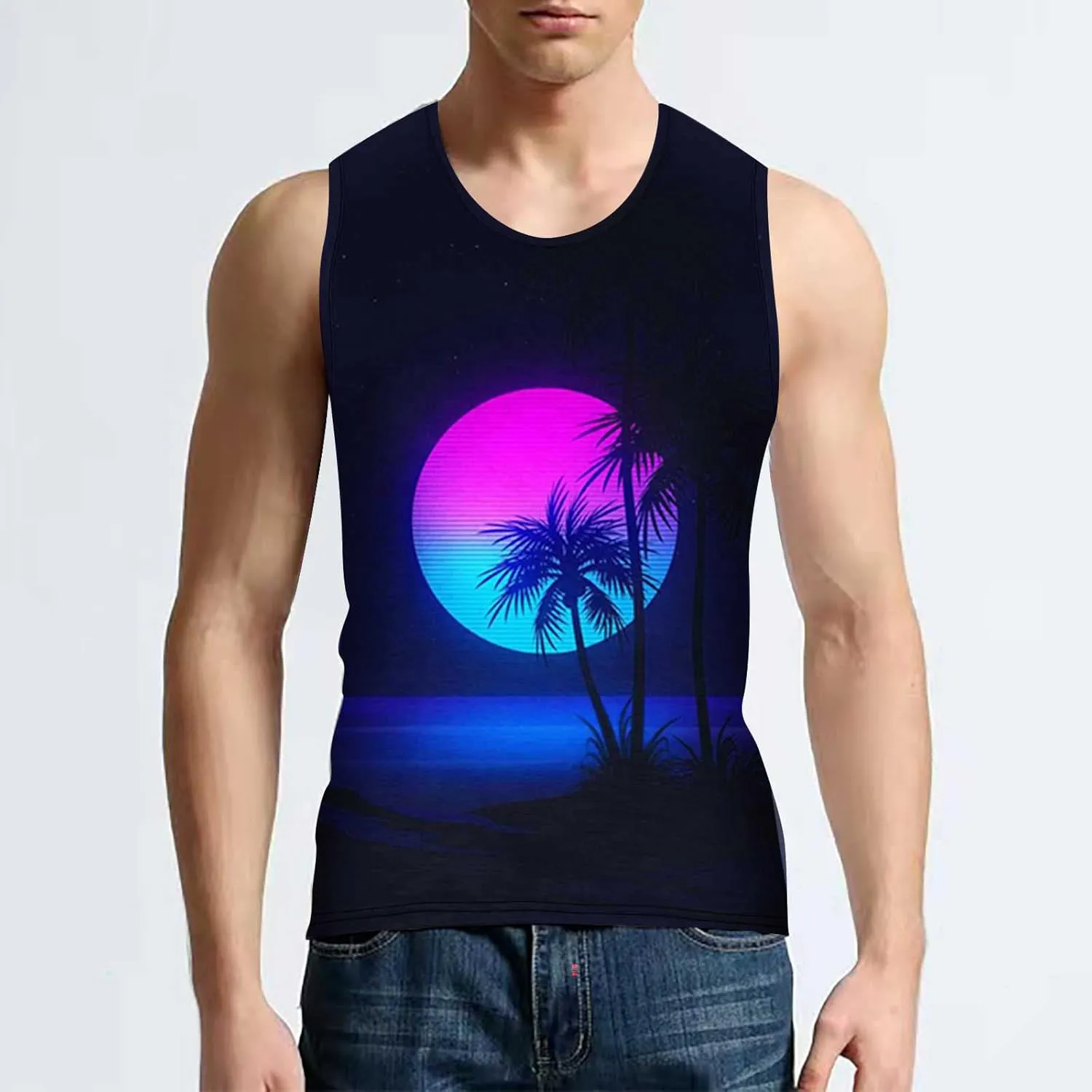 NaRHbrg Palm Tree Tanks Tops for Mens Cool Printed Graphic Sleeveless Tank Top Muscle Shirt for Workout Gym Jogging