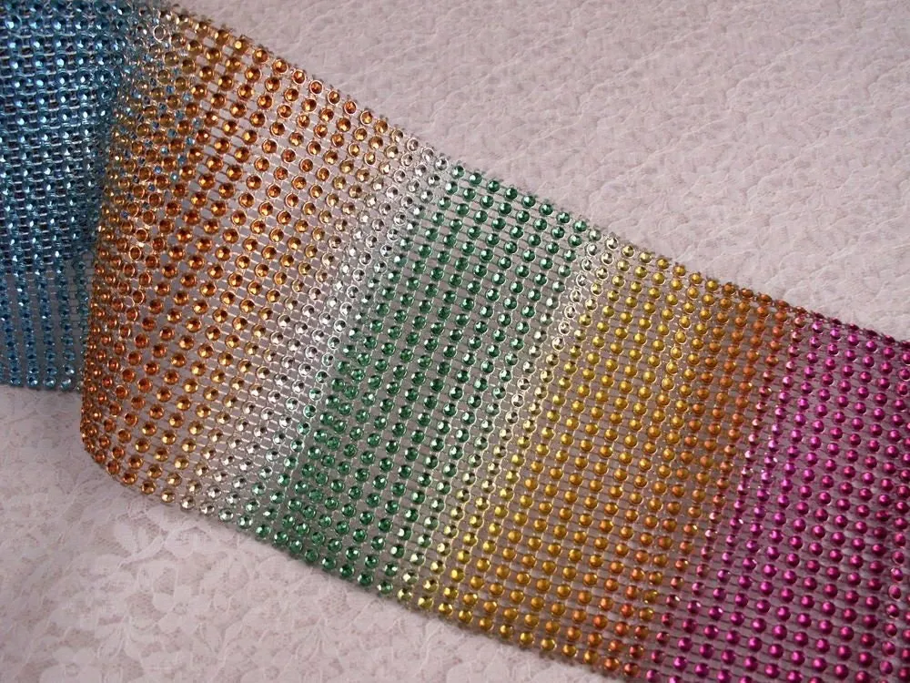 Rainbow multi  Rhinestone ribbon, Diamond Mesh, Diamante Bling, Crystal trim 1 METER cake trim. by Crystal wedding uk