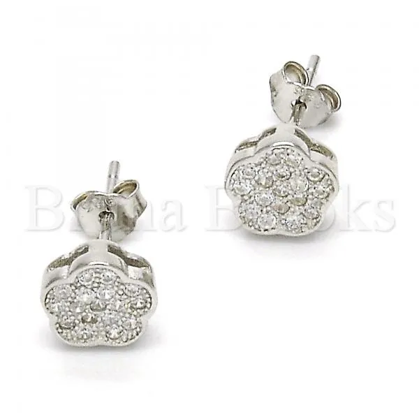 Sterling Silver 02.186.0032 Stud Earring, Flower Design, with White Cubic Zirconia, Polished Finish, Rhodium Tone