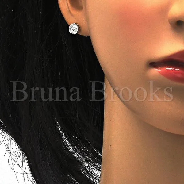 Sterling Silver 02.186.0032 Stud Earring, Flower Design, with White Cubic Zirconia, Polished Finish, Rhodium Tone