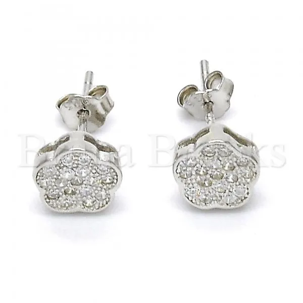 Sterling Silver 02.186.0032 Stud Earring, Flower Design, with White Cubic Zirconia, Polished Finish, Rhodium Tone