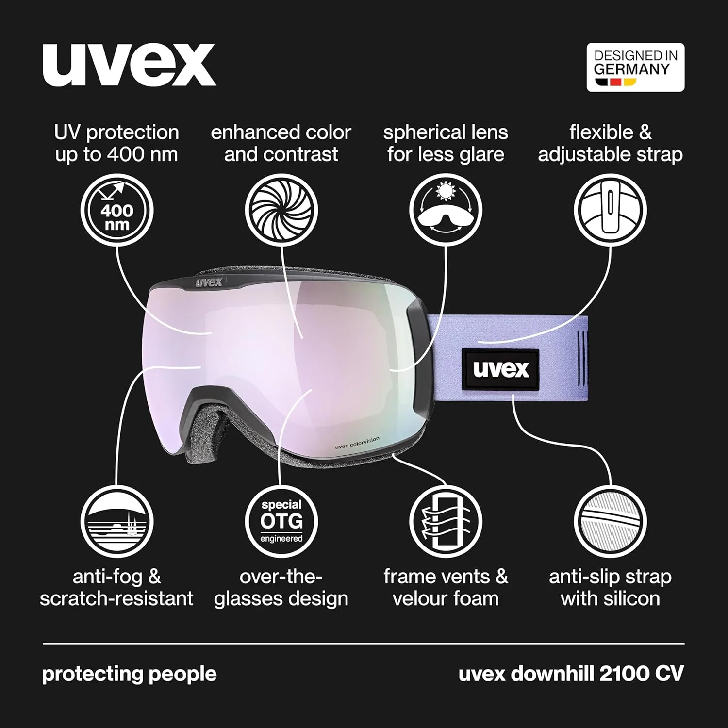 Uvex downhill 2100 CV ski & snowboard goggles, contrast enhancing anti-fog OTG with UV protection for women men & youth