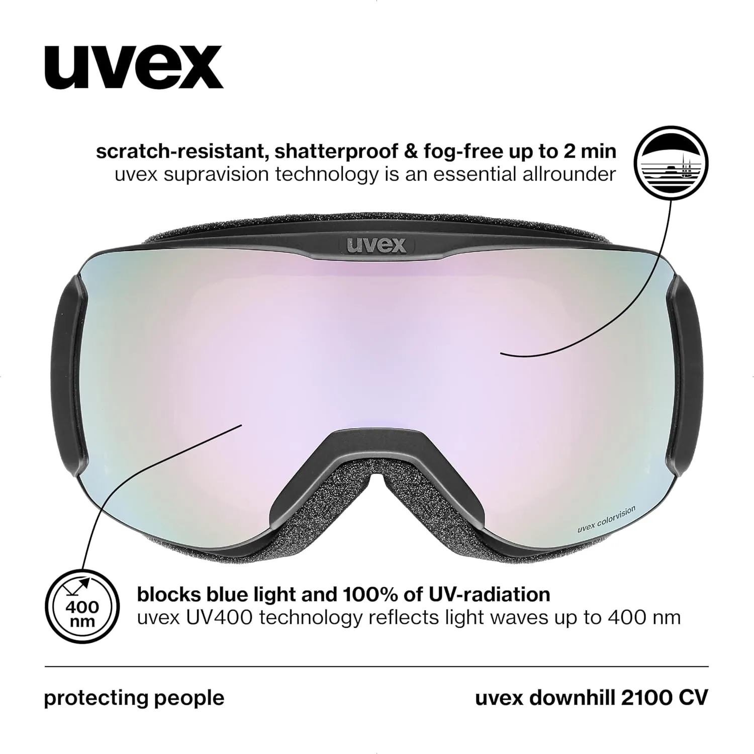 Uvex downhill 2100 CV ski & snowboard goggles, contrast enhancing anti-fog OTG with UV protection for women men & youth