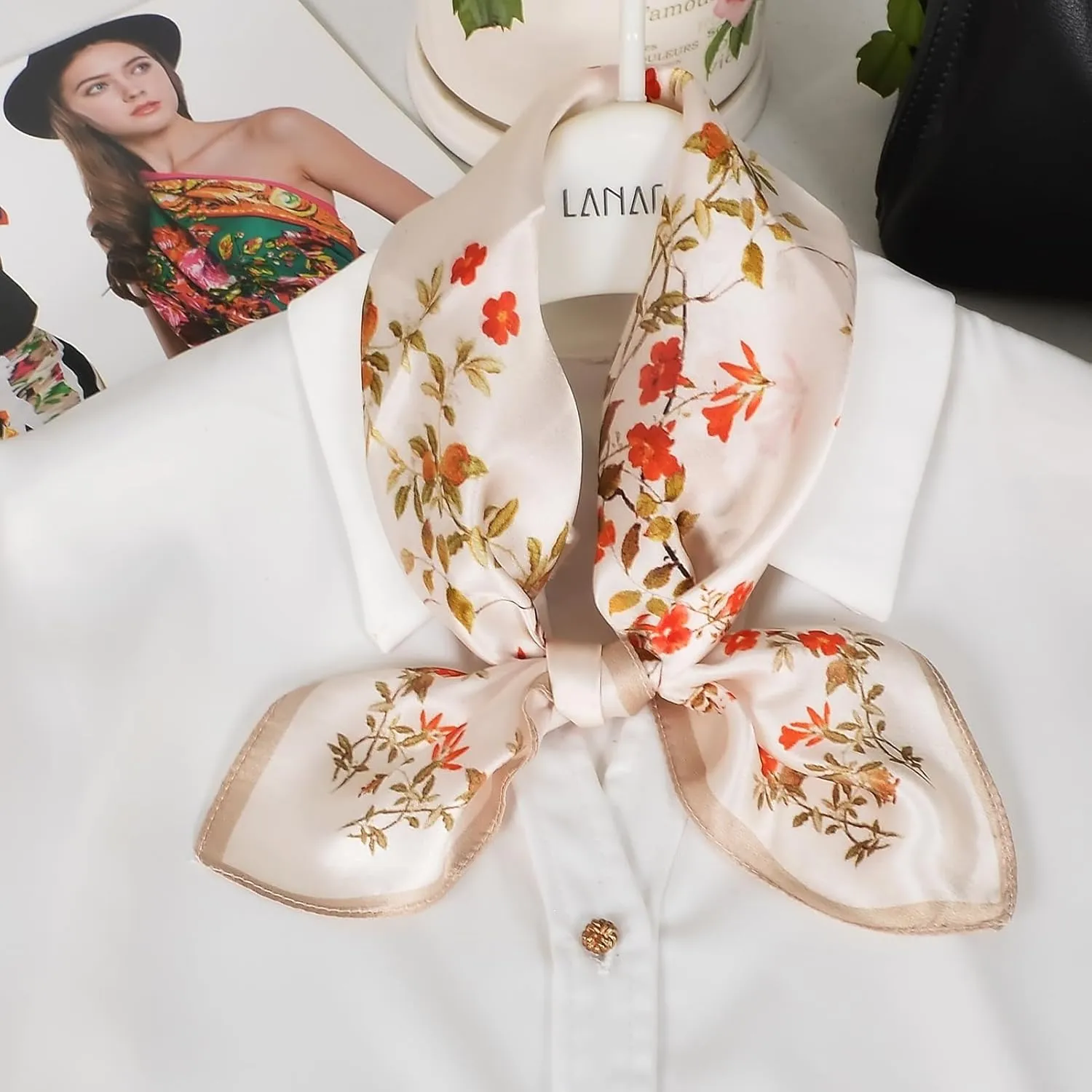 Women 100% Mulberry Silk Neck Scarf Lightweight Digital Print Small Square Scarfs- Neckerchief Gift Packing 21"*21"