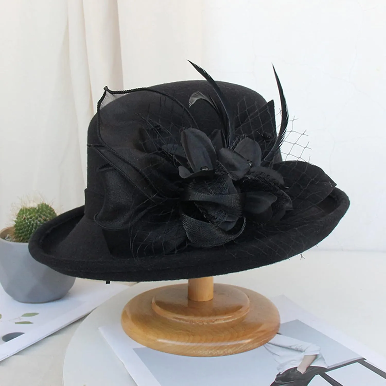 Women Bucket Hat 1920s Vintage Cloche Bowler Hat with Bow/Flower Ladies 1920s Vintage Bowler Flower Hat