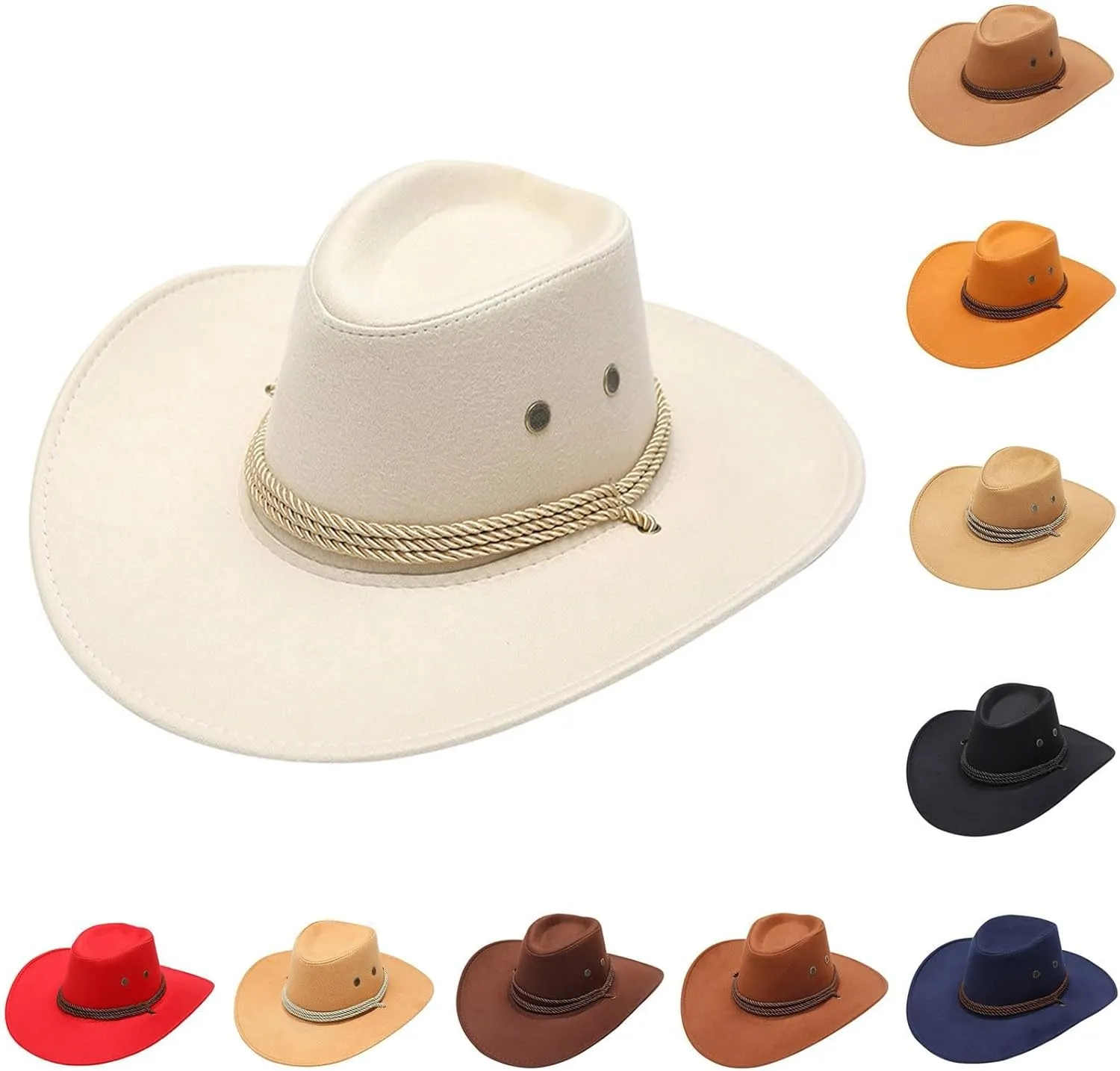 Women Men Felt Wide Brim Western Cowboy Hats Belt Buckle Panama Cap Fedora Hats with Belt for Country Fashion