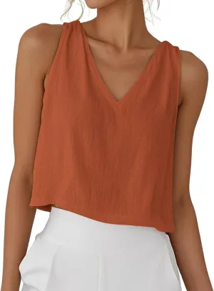 Womens Linen Crop Tank Tops Cute Summer Sleeveless Cropped Cotton Linen Tops Dressy Scoop Neck Camisole Tops