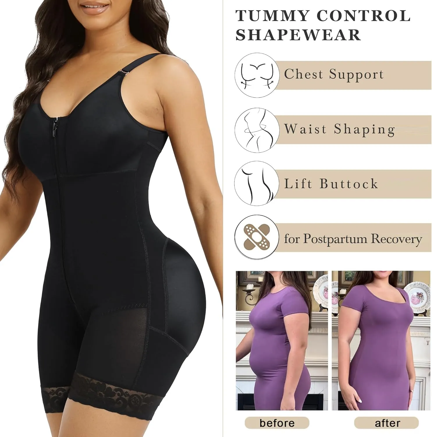 YIANNA Fajas Colombianas Postpartum Shapewear for Women Tummy Control Butt Lifter Body Shaper with Zipper Crotch