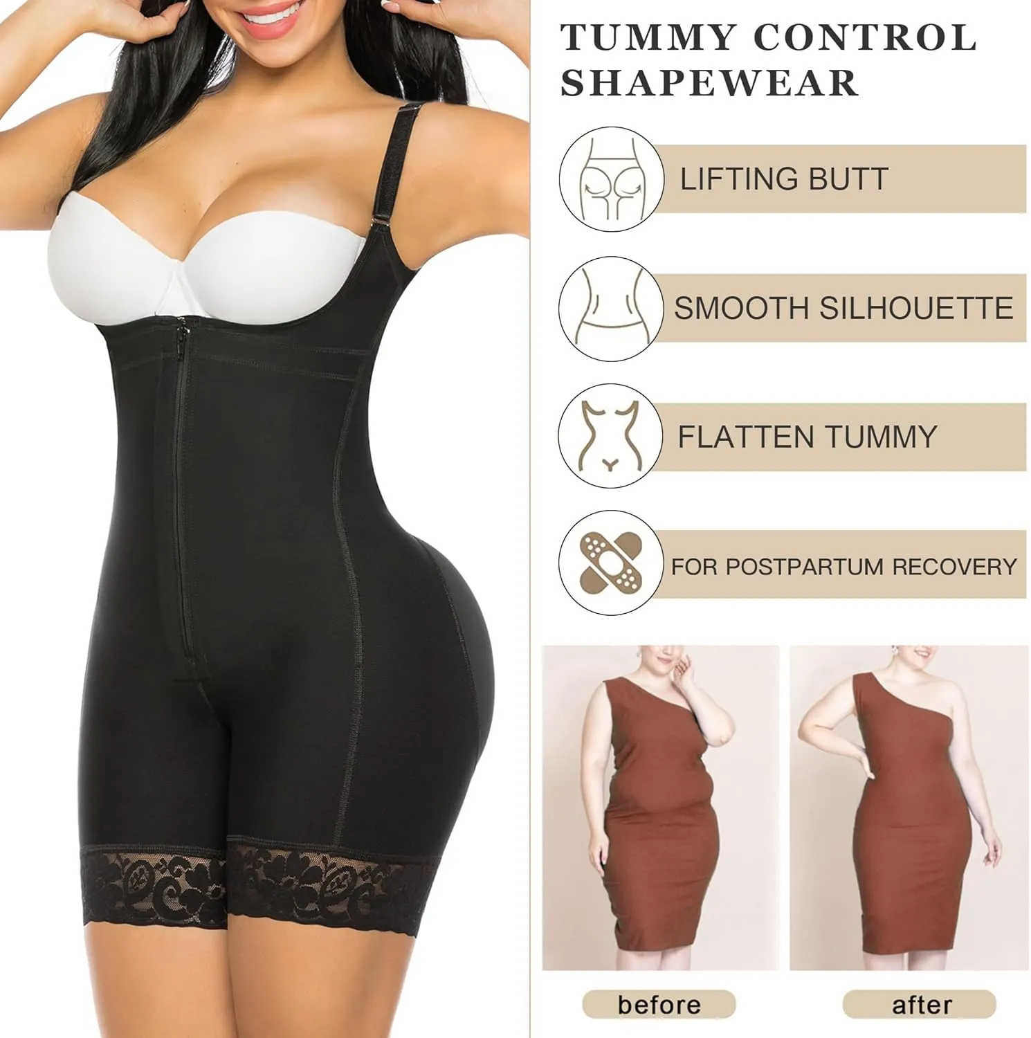 YIANNA Fajas Colombianas Shapewear for Women Postpartum Tummy Control Body Shaper Butt Lifter Bodysuit